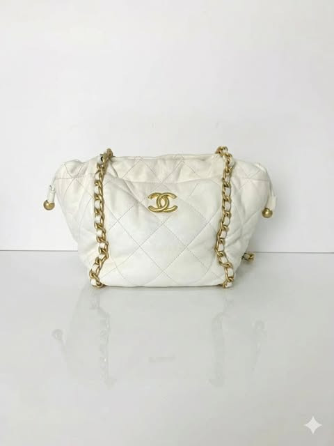 Chanel 22P White Quilted Drawstring Bucket Bag