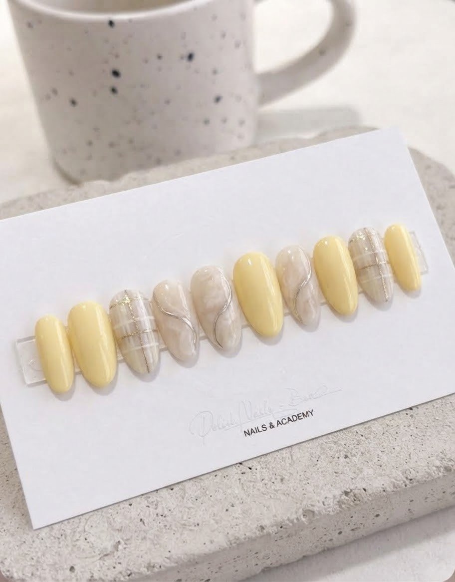 Yellow Plaid and Marble Nails