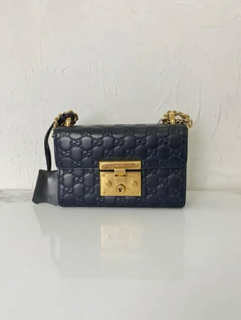 Gucci GG Embossed Chain Shoulder Bag (Navy Blue)