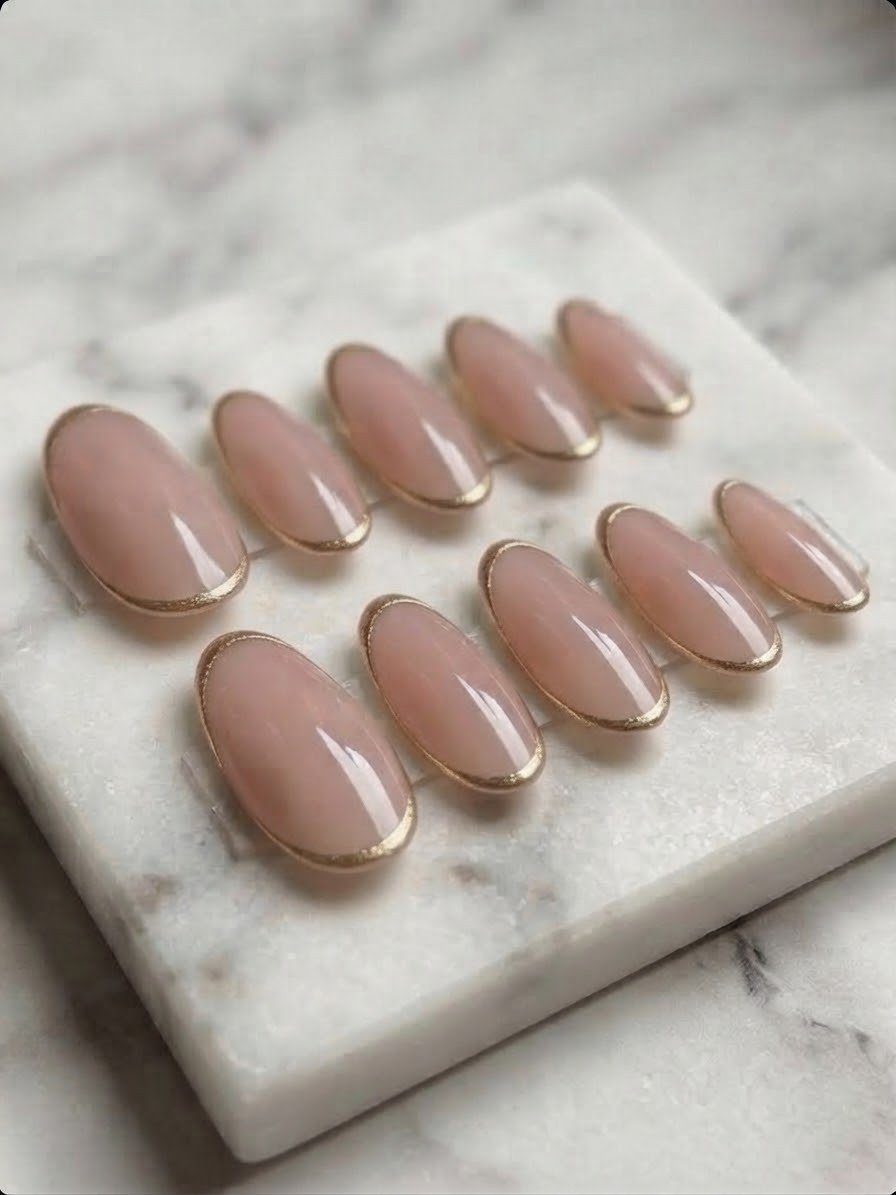 Nude press-on nails with metallic gold aura