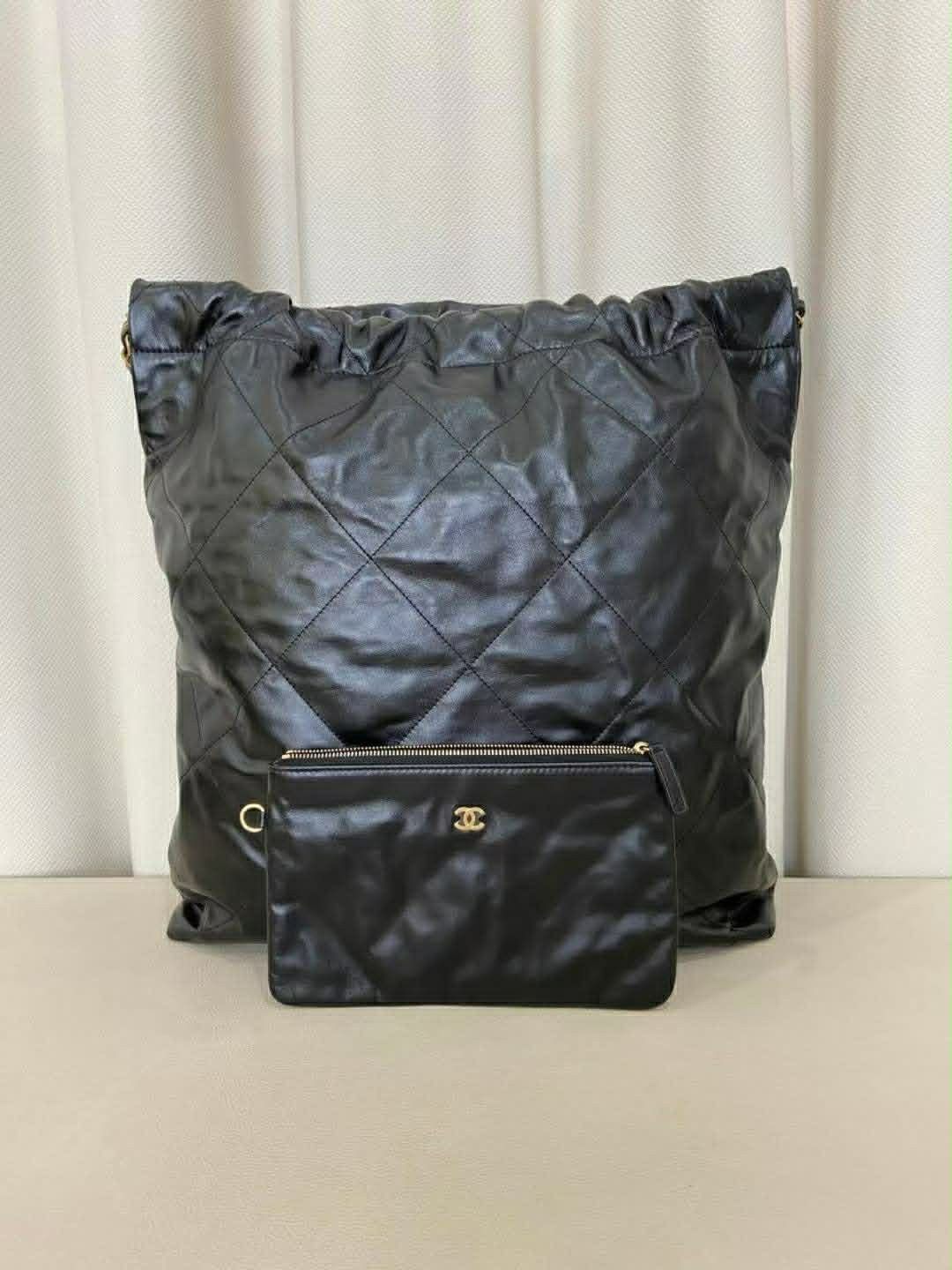 Chanel Black Quilted Leather Drawstring Tote Bag