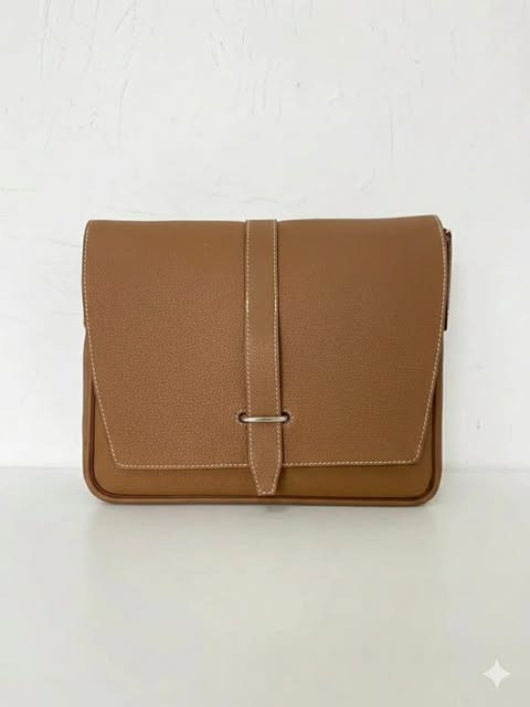 Hermes Steve Light Junior 27 Envelope Bag, Gold Brown with Silver Buckle, Togo Leather (B)