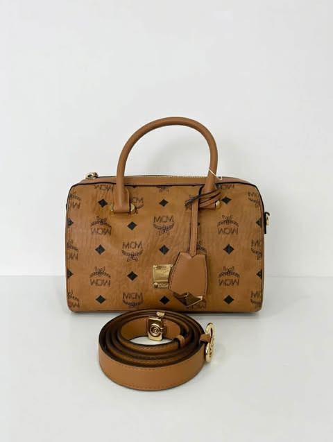 MCM Essential Boston Bag in Visetos Cognac