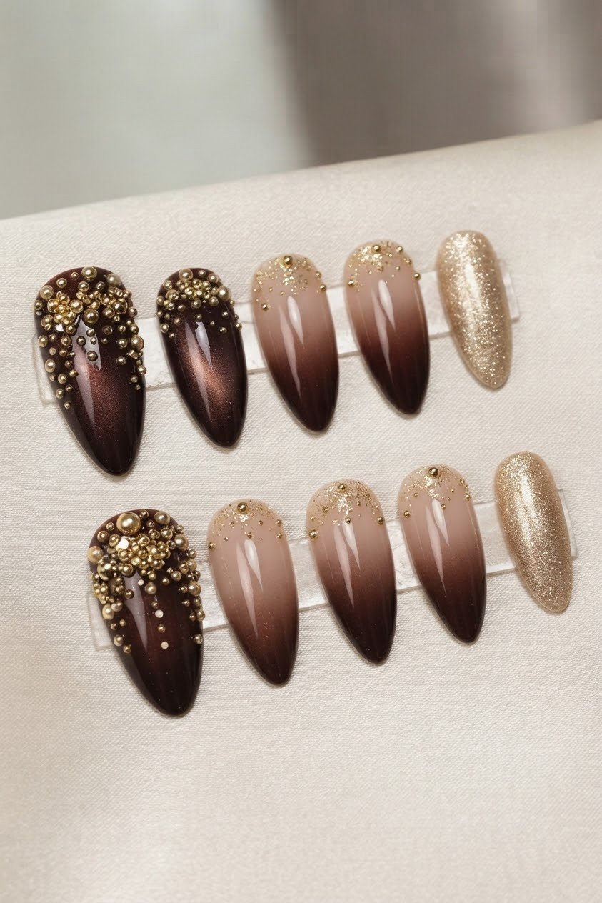 Brown and Gold Ombré with Caviar Beads and Glitz