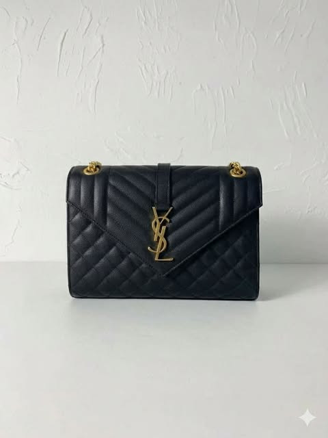 YSL New Envelope Bag Medium - Black and Gold with Lychee Pattern