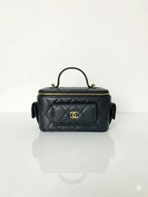 Chanel 23B Cargo Handle Makeup Case, Black and Gold with Lychee Pattern (Complete Set)