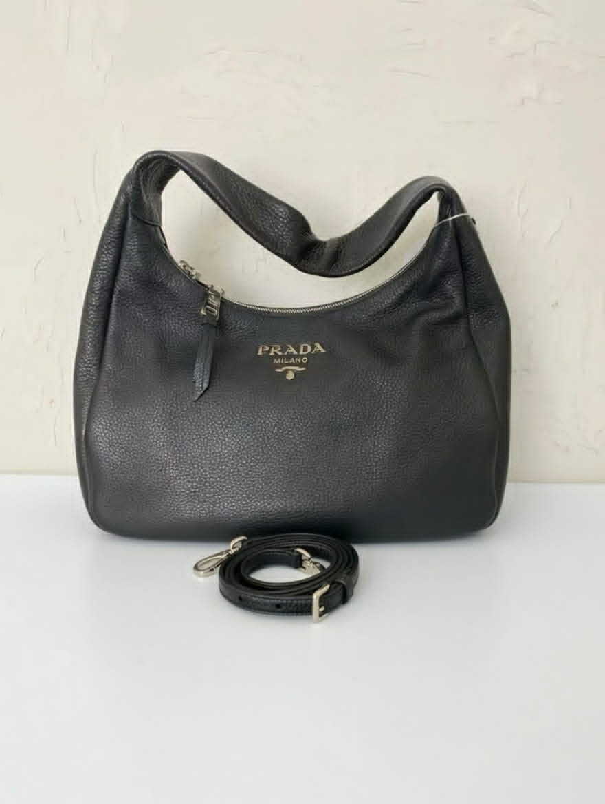 Prada Black Pebbled Leather Hobo Bag