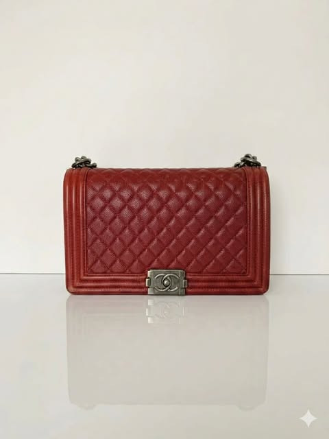 Chanel Le Boy Large Red and Silver Lychee Pattern Leather Bag