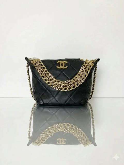 Chanel 24C Black Gold Chunky Chain Hobo Bag