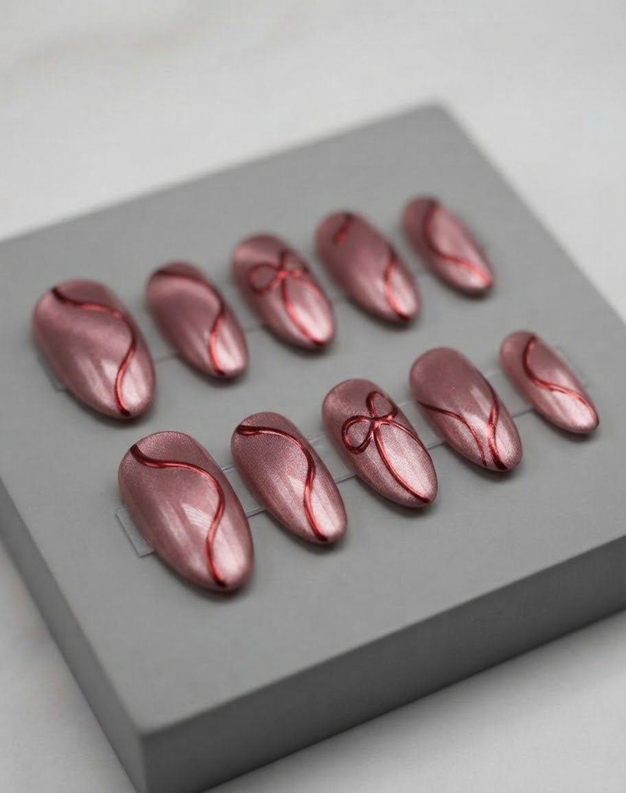 Metallic rose pink press-on nails featuring glossy red 3D ribbon bows and swirl accents