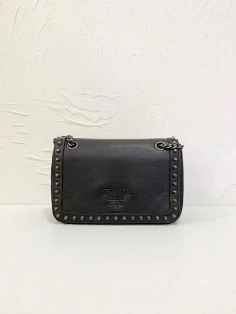 Prada Studded Flap Crossbody Bag, Black Calfskin