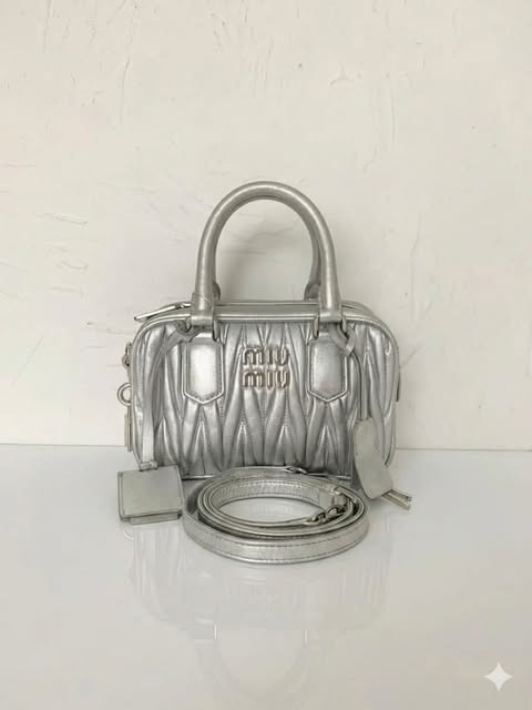 Miumiu Bowling Small Pleated Silver Vertical Bag