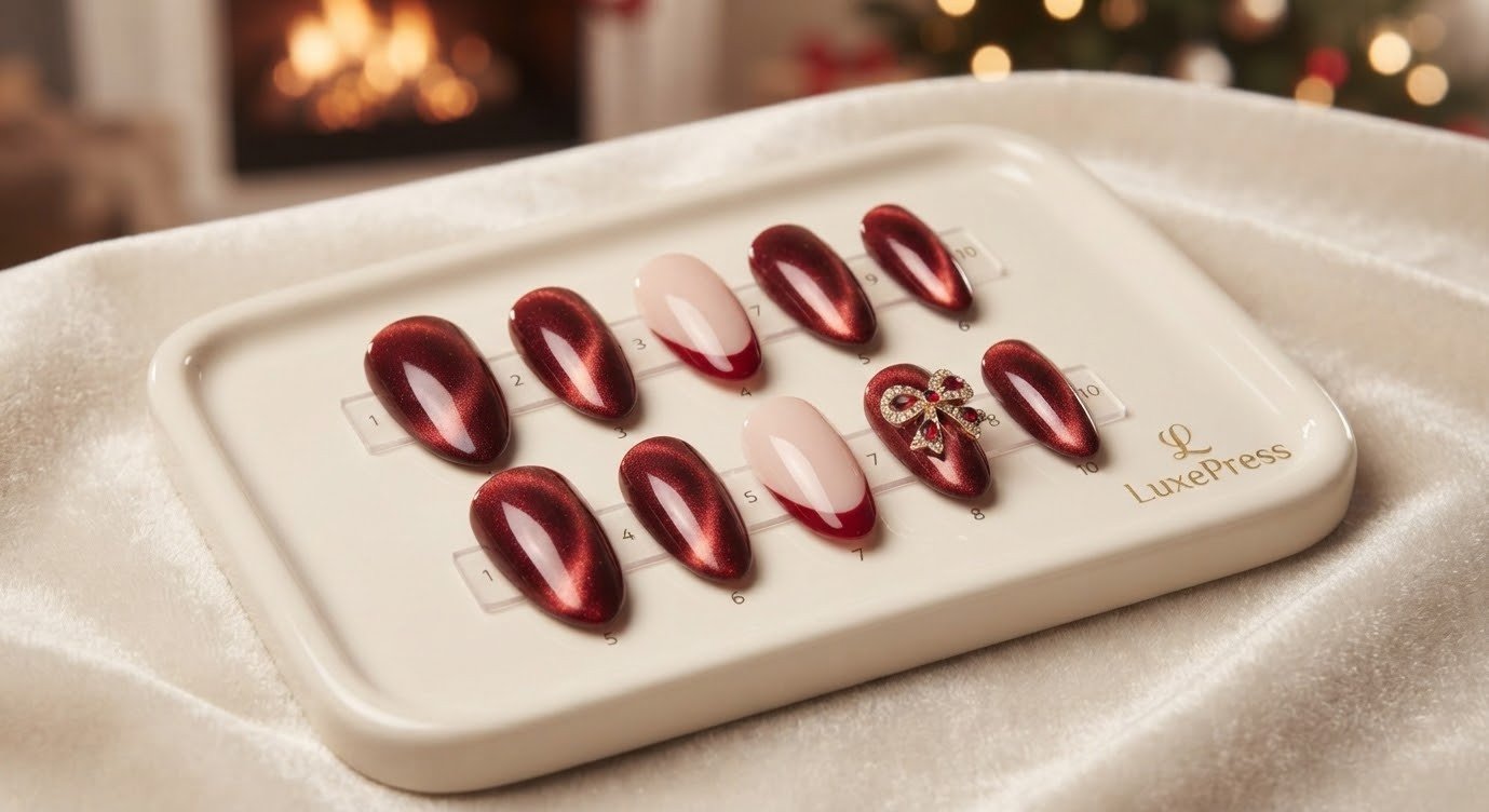 Red Cat Eye French Tip Press-On Nails with Bow Charm