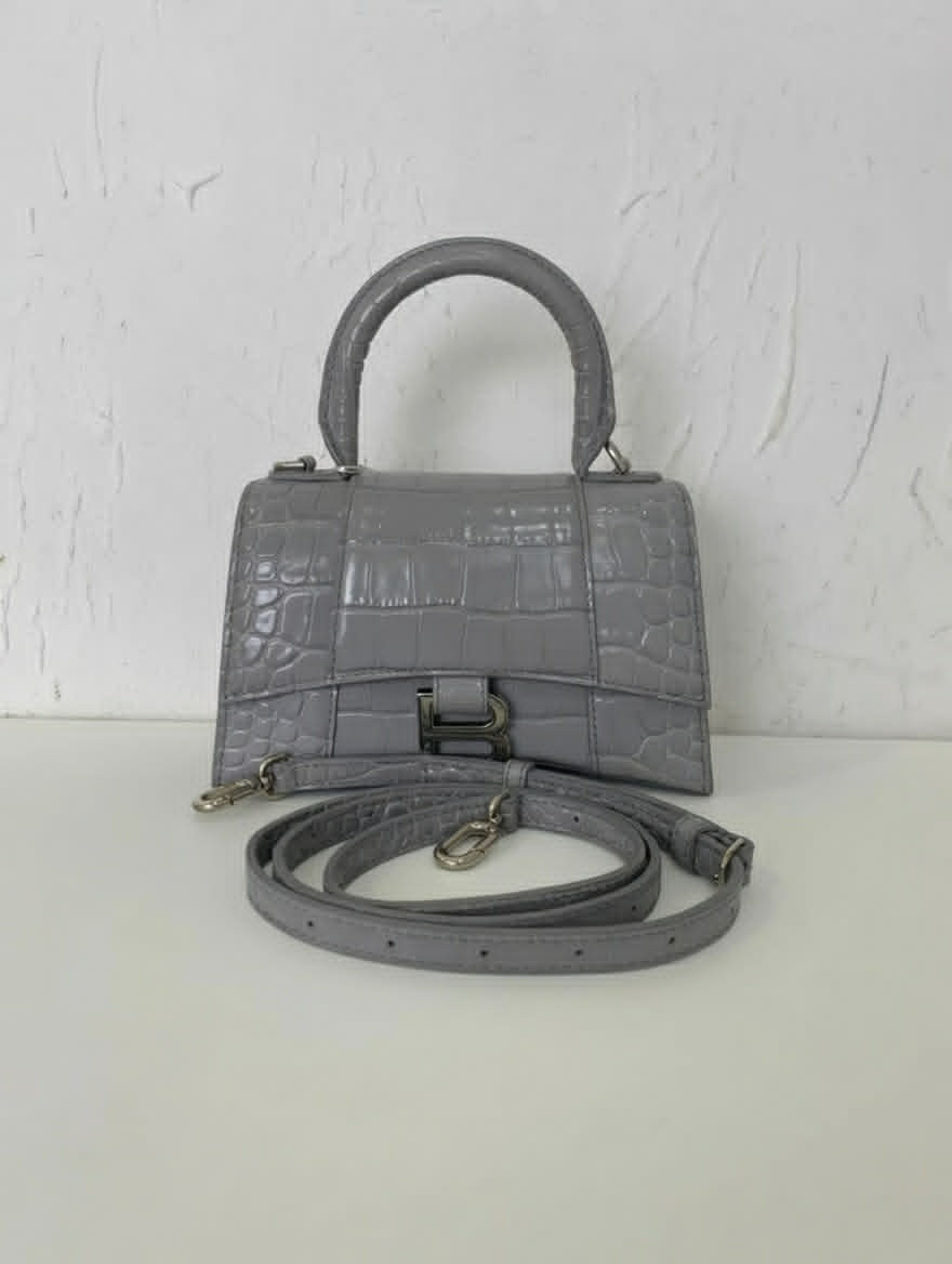 Balenciaga Hourglass XS / Small B Bag (Grey Crocodile Embossed)